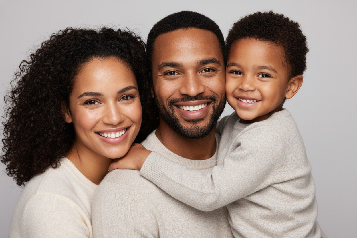 generate an image of a mixed family with good skin the image shoud be about shipped shea butter do not include any product the background shoud be light gray make the image studio quality