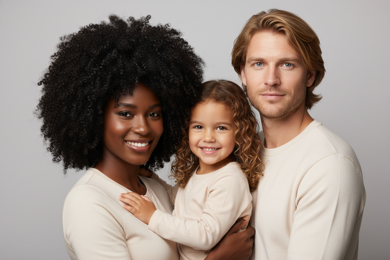 make the image one black female one white male and a kid all with good hair make the background light gray