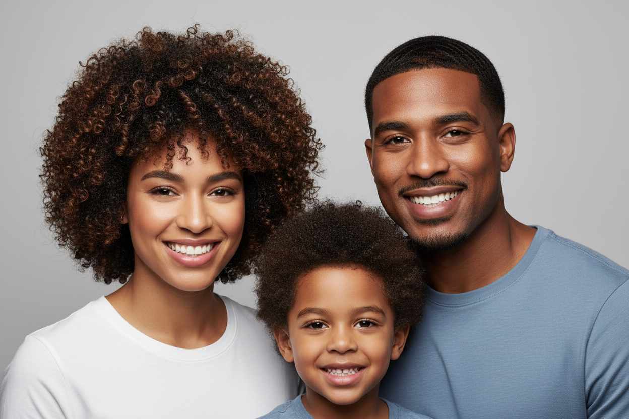 mixed race couple and kid with good hair as if they used hair pomade light background pomade